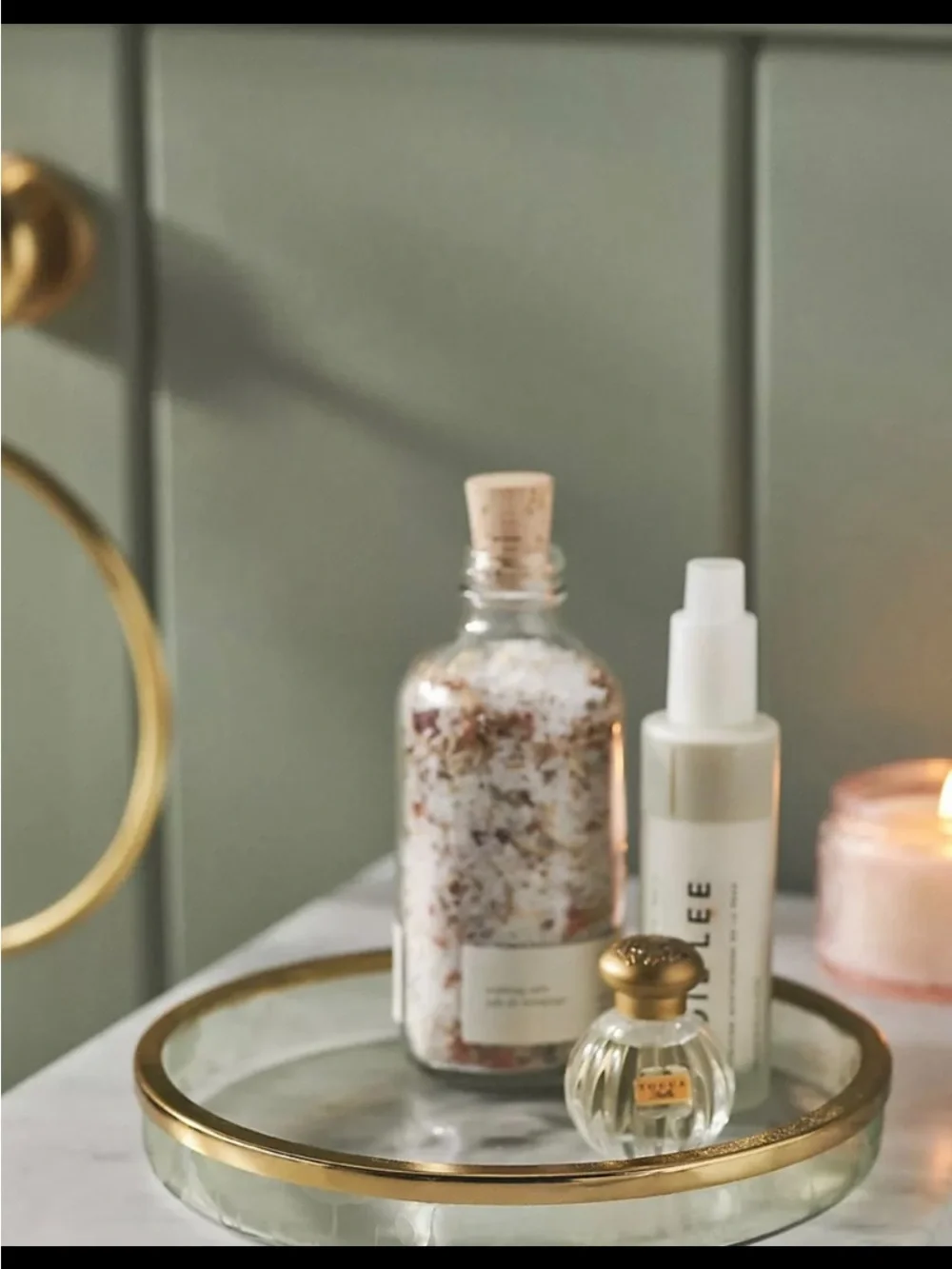 Anthropologie Floral Etched Glass 5 Piece Bath Accessories with Gold Trim. - Picture 5 of 6